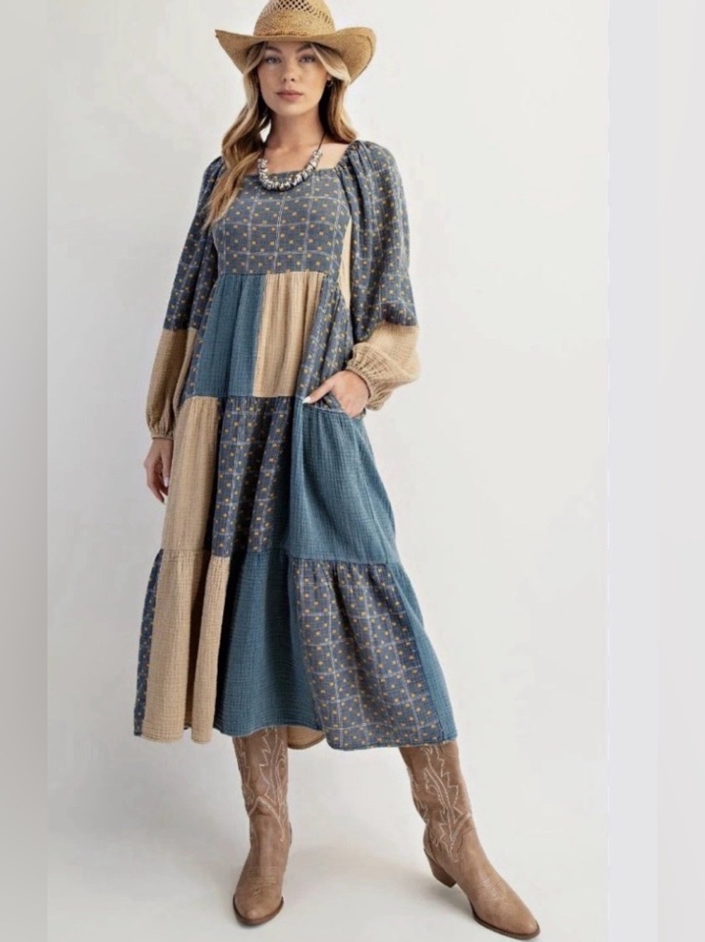 Easel ED27367 Teal Khaki Patchwork Washed Cotton Gauze Dress Size Small